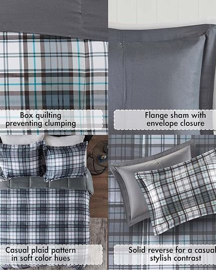 Madison Park Essentials Parkston Plaid Comforter, Matching Sham, 3M Scotchguard Stain Release Cover, Hypoallergenic All Season Bedding-Set, King/California King, Grey, 3 Piece - LeafyLoom