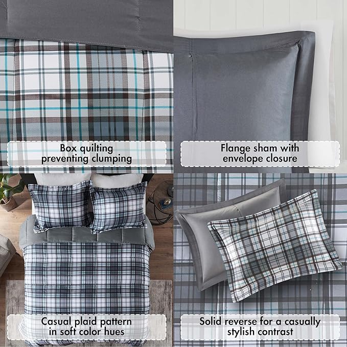 Madison Park Essentials Parkston Plaid Comforter, Matching Sham, 3M Scotchguard Stain Release Cover, Hypoallergenic All Season Bedding-Set, King/California King, Grey, 3 Piece - LeafyLoom