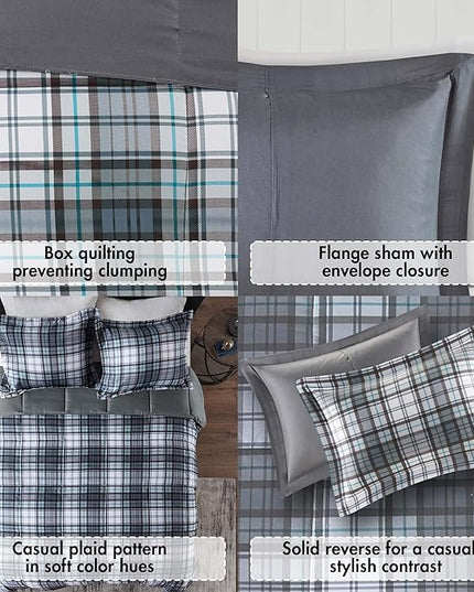 Madison Park Essentials Parkston Plaid Comforter, Matching Sham, 3M Scotchguard Stain Release Cover, Hypoallergenic All Season Bedding-Set, Twin/TwinXL, Grey, 2 Piece - LeafyLoom