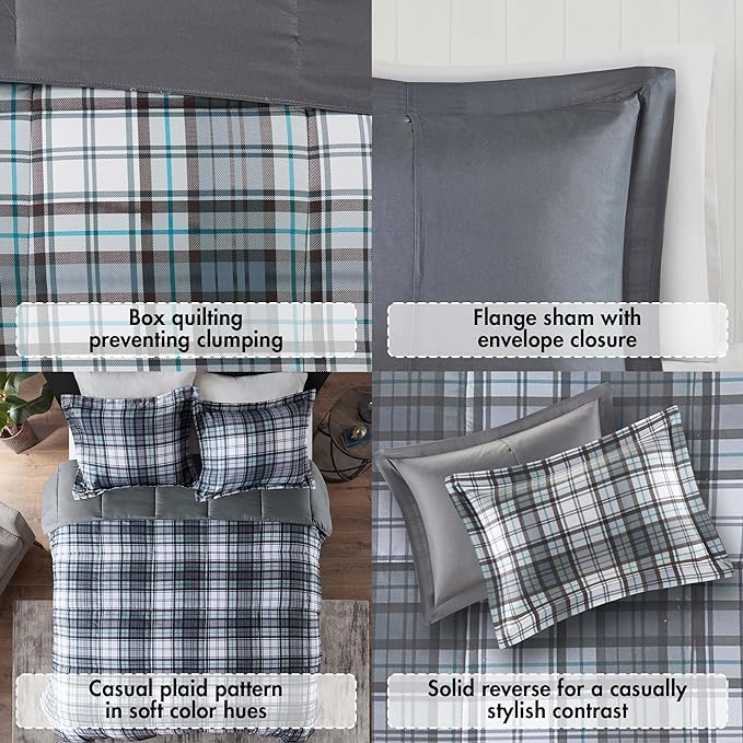 Madison Park Essentials Parkston Plaid Comforter, Matching Sham, 3M Scotchguard Stain Release Cover, Hypoallergenic All Season Bedding-Set, Twin/TwinXL, Grey, 2 Piece - LeafyLoom