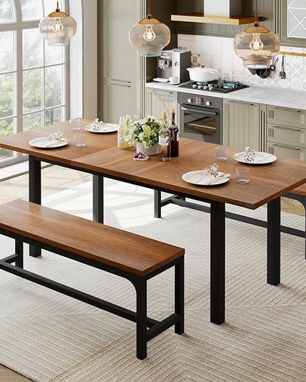 Feonase 63" Dining Table Set for 4-6, Extendable Dining Room Table with 2 Benches, 3 Pcs Kitchen Table for Small Space, Easy Clean, Walnut - LeafyLoom