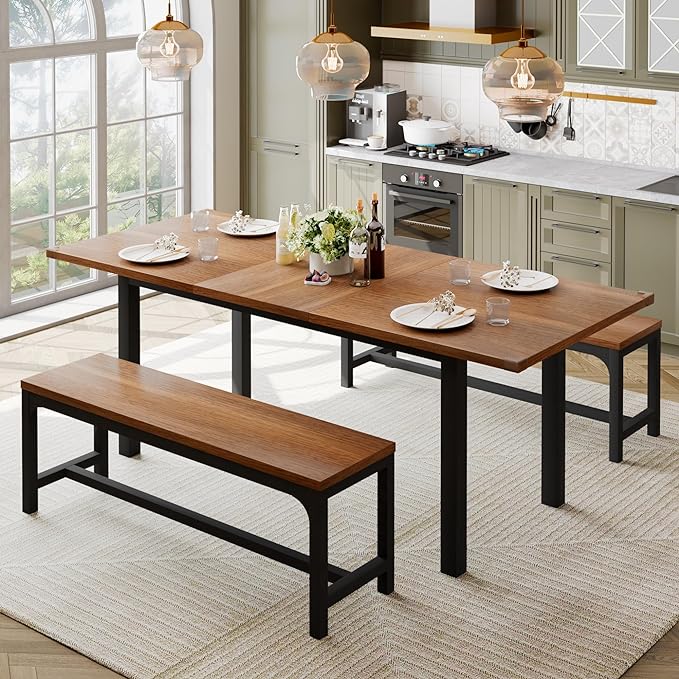 Feonase 63" Dining Table Set for 4-6, Extendable Dining Room Table with 2 Benches, 3 Pcs Kitchen Table for Small Space, Easy Clean, Walnut - LeafyLoom