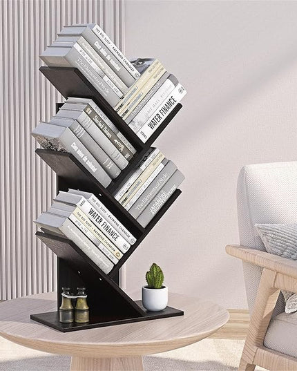 5-Shelf Tree Bookshelf Free Standing Small Book Shelf Narrow Wood Bookcase Floor Standing Book Shelf Modern Book Storage Organizer for Home Office Bedroom Living Room Black - LeafyLoom