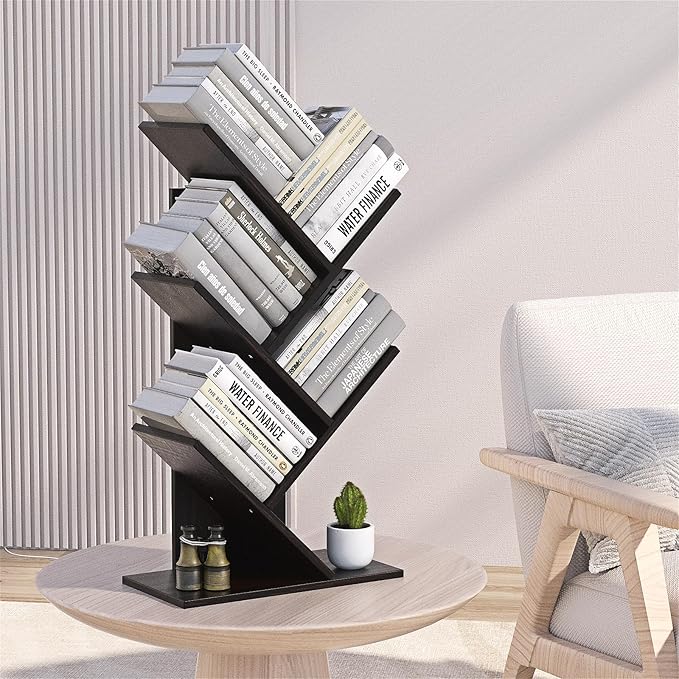 5-Shelf Tree Bookshelf Free Standing Small Book Shelf Narrow Wood Bookcase Floor Standing Book Shelf Modern Book Storage Organizer for Home Office Bedroom Living Room Black - LeafyLoom