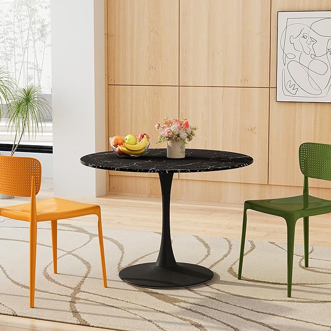 NicBex Dining Table Contemporary Kitchen Table Farmhouse Rustic 42.12" Round Dining Table with Printed Black Marble Table Top, Metal Base Dining Table, End Table Leisure Coffee Table, Black Marble - LeafyLoom