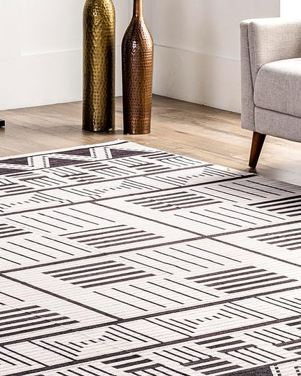 nuLOOM Evia Tribal Stripes Machine Washable Ultra Thin Area Rug, 8' x 10', Charcoal - LeafyLoom