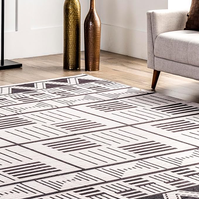 nuLOOM Evia Tribal Stripes Machine Washable Ultra Thin Area Rug, 8' x 10', Charcoal - LeafyLoom