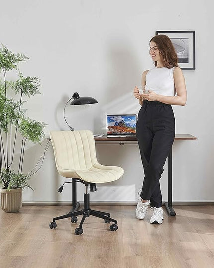 YOUNIKE Office Chair Swivel Desk Chair Upholstered Leather Height Adjustable with Wheels Computer Task Chair Modern Rolling Armless with Back, Beige, Loads 300 lbs - LeafyLoom