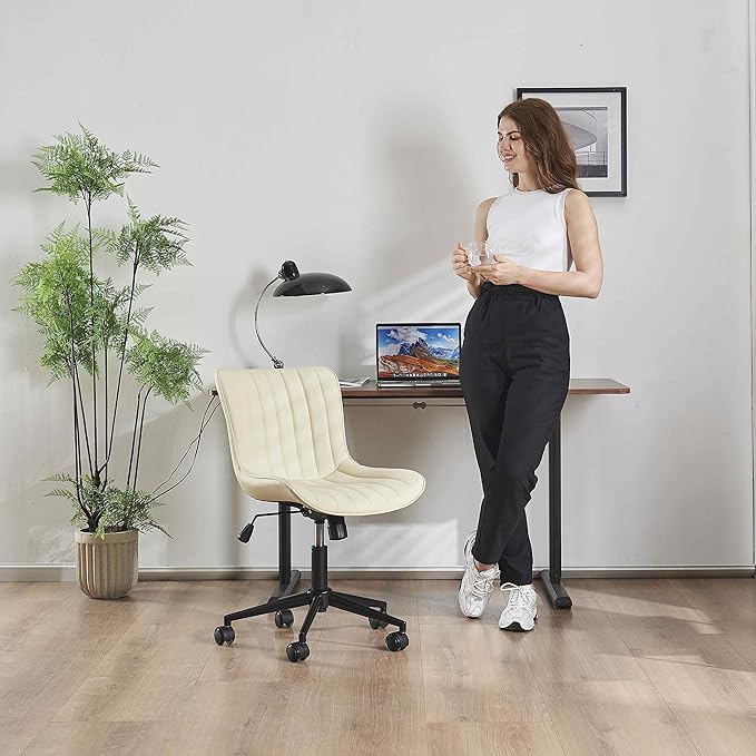 YOUNIKE Office Chair Swivel Desk Chair Upholstered Leather Height Adjustable with Wheels Computer Task Chair Modern Rolling Armless with Back, Beige, Loads 300 lbs - LeafyLoom