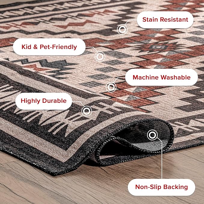 nuLOOM Leighton Machine Washable Southwestern Medallion Ultra Thin Area Rug, 6' Square, Beige - LeafyLoom