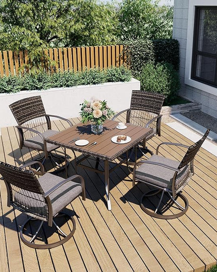 Pamapic 5 Piece Outdoor Dining Set, Rattan Outdoor Patio Furniture Set for Deck Backyard with Plastic-Wood Outdoor Dining Table, 4 Swivel Outdoor Dining Chairs and Removable Cushions (Gray) - LeafyLoom