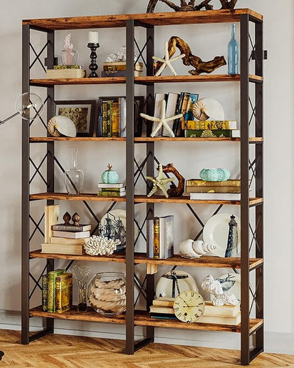 IRONCK Bookshelf Double Wide 6-Tier 76" H, Open Large Bookcase, Industrial Style Shelves, Wood and Metal Bookshelves for Home Office, Easy Assembly - LeafyLoom