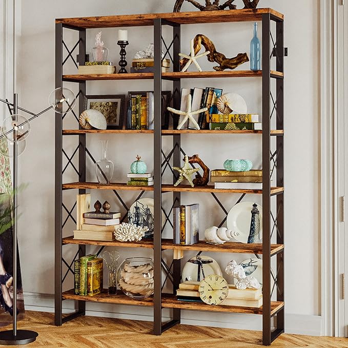 IRONCK Bookshelf Double Wide 6-Tier 76" H, Open Large Bookcase, Industrial Style Shelves, Wood and Metal Bookshelves for Home Office, Easy Assembly - LeafyLoom