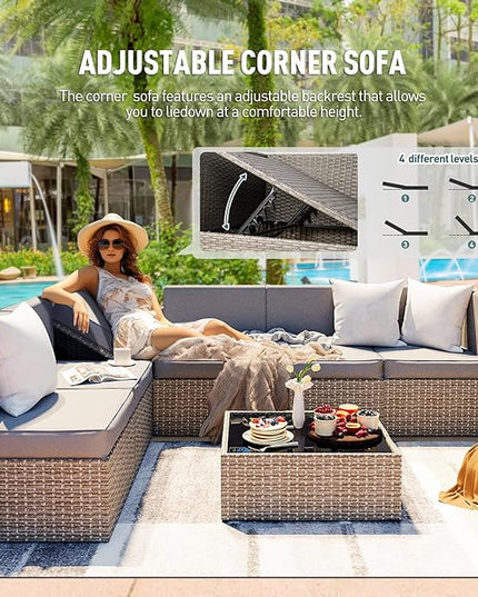 Pamapic Patio Furniture Set, 7 Pieces Modular Outdoor Sectional,Wicker Patio Sectional Sofa Conversation Set, Rattan Sofa with Coffee Table and Washable Cushions Covers, Grey Rattan(Grey Cushions) - LeafyLoom