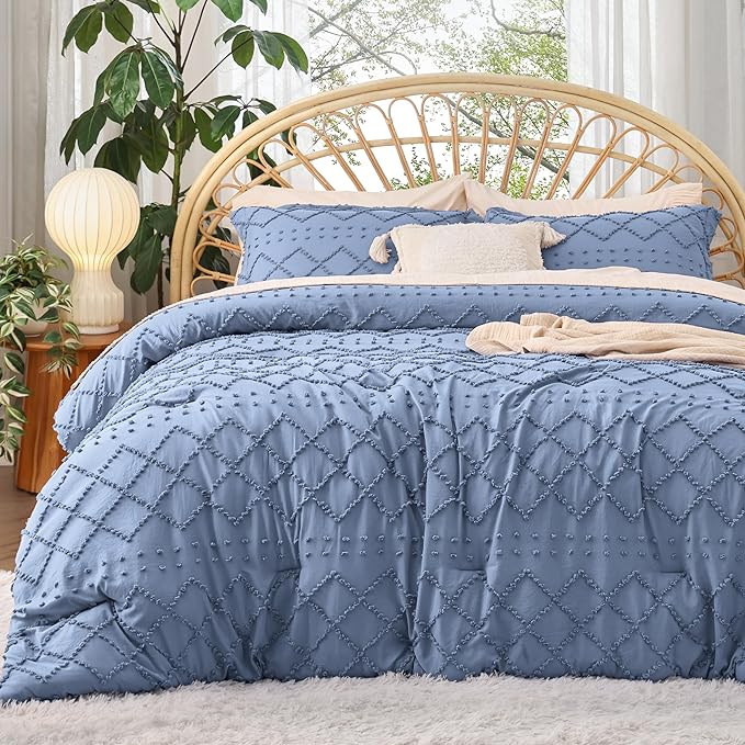 Bedsure Queen Comforter Set - Mineral Blue Comforter, Boho Tufted Shabby Chic Bedding Comforter Set, 3 Pieces Vintage Farmhouse Bed Set for All Seasons, Fluffy Soft Bedding Set with 2 Pillow Shams - LeafyLoom