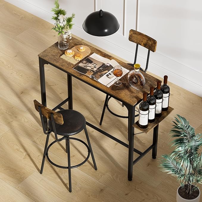 NicBex Small Dining Table for 2 Breakfast Nook Table Set Wood Top Metal Base Side Table Industrial Bar Table with Two Chairs, Adjustable Table Base Bistro Whiskey Pub Table, Antique Brown - LeafyLoom