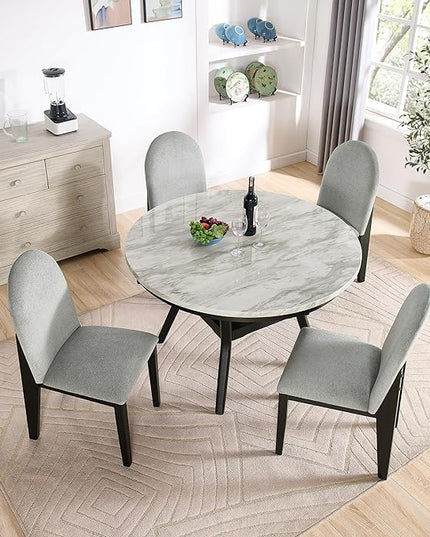 RITSU 5 Piece Round Set, Solid Wood Dining Table with Storage Shelf and 4 Upholstered Chairs, for Kitchen Farmhouse, Apartment, Restaurant, Gray - LeafyLoom
