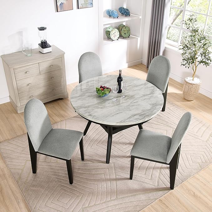 RITSU 5 Piece Round Set, Solid Wood Dining Table with Storage Shelf and 4 Upholstered Chairs, for Kitchen Farmhouse, Apartment, Restaurant, Gray - LeafyLoom