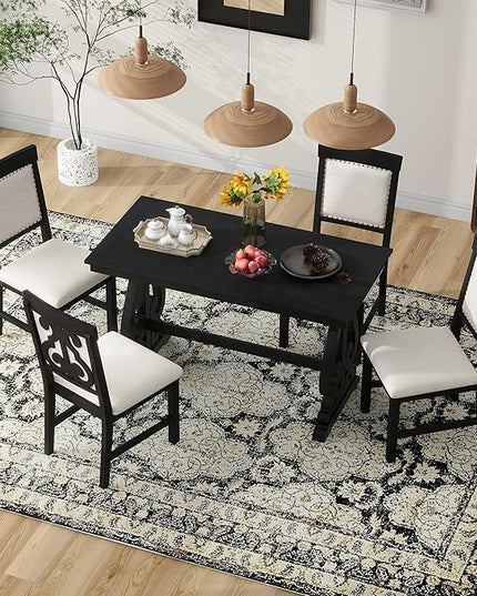 NicBex Dining Table Set for 4 Kitchen & Dining Room Tables 5-Piece Retro Dining Set, Rectangular Wooden Dining Table and 4 Upholstered Chairs for Dining Room and Kitchen, Black - LeafyLoom