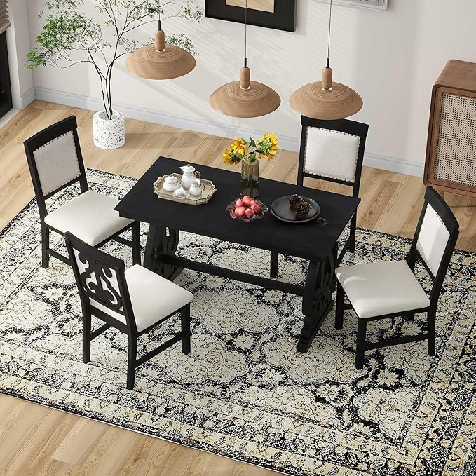NicBex Dining Table Set for 4 Kitchen & Dining Room Tables 5-Piece Retro Dining Set, Rectangular Wooden Dining Table and 4 Upholstered Chairs for Dining Room and Kitchen, Black - LeafyLoom