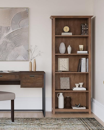 SIMPLIHOME Amherst SOLID WOOD 30 Inch Wide Transitional 5 Shelf Bookcase in Rustic Natural Aged Brown, for The Living Room, Study Room and Office - LeafyLoom
