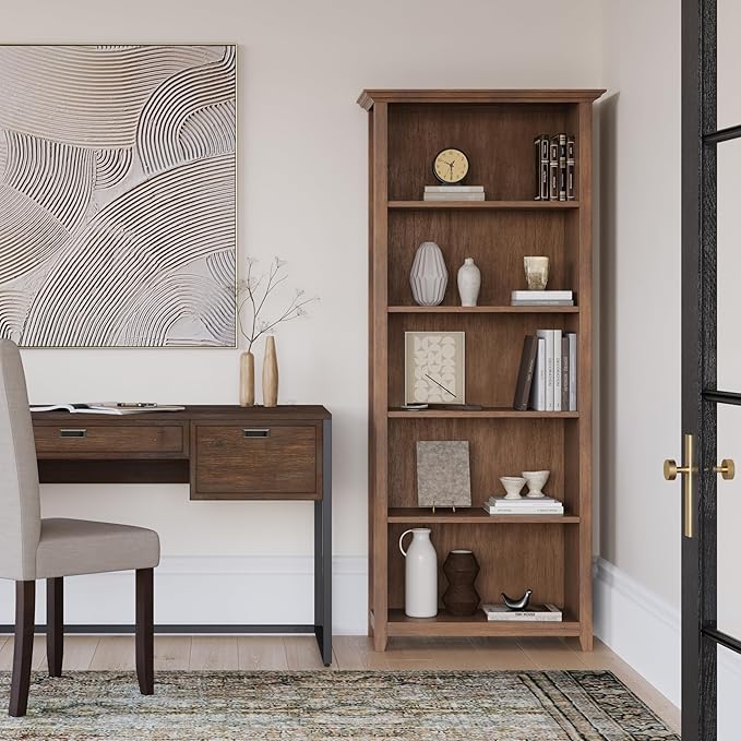 SIMPLIHOME Amherst SOLID WOOD 30 Inch Wide Transitional 5 Shelf Bookcase in Rustic Natural Aged Brown, for The Living Room, Study Room and Office - LeafyLoom