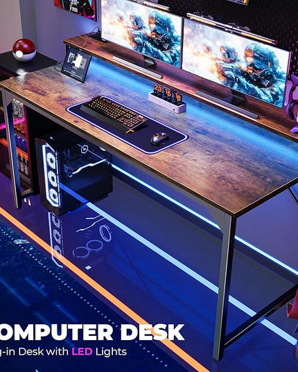 SUPERJARE 55 inch Computer Desk with LED Lights & Power Outlets, Gaming Desk with Monitor Shelf, Small Office Desk for Home & Office, Rustic Brown - LeafyLoom