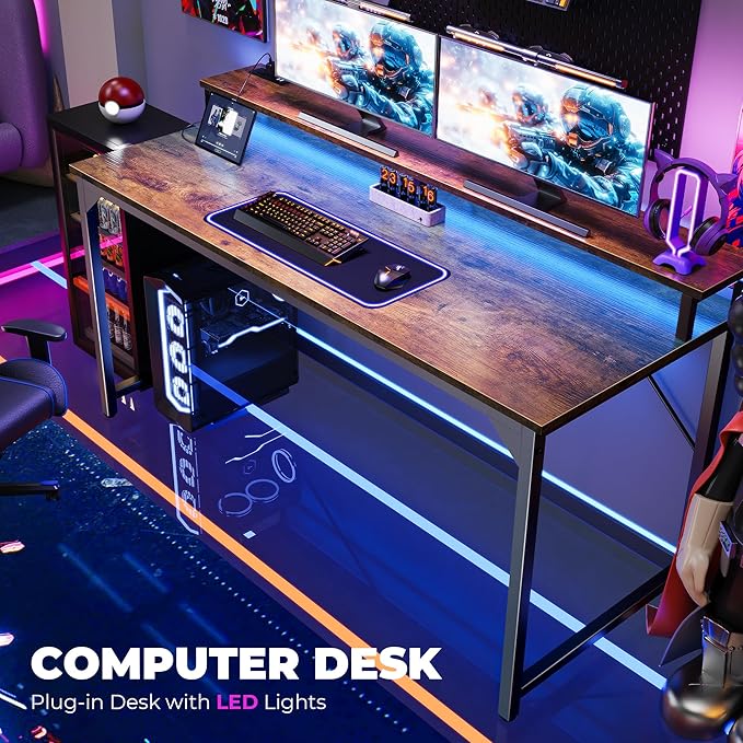 SUPERJARE 55 inch Computer Desk with LED Lights & Power Outlets, Gaming Desk with Monitor Shelf, Small Office Desk for Home & Office, Rustic Brown - LeafyLoom