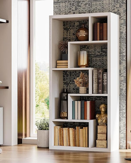 IRONCK Geometric Bookcase 6-Shelf Industrial Bookshelf White Etagere Bookcase Tall Storage Display Bookshelf with Thicken Shelf for Living Room Home Office - LeafyLoom