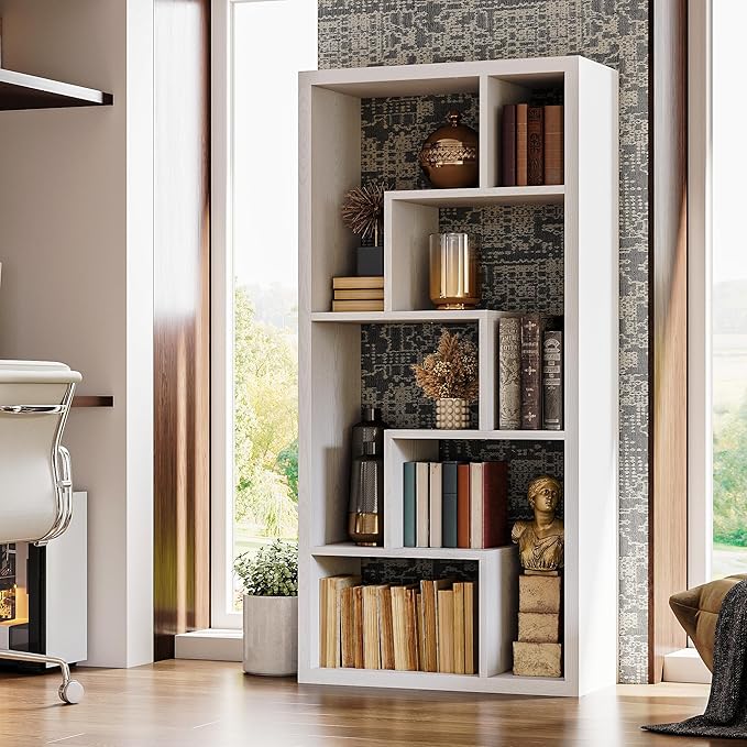 IRONCK Geometric Bookcase 6-Shelf Industrial Bookshelf White Etagere Bookcase Tall Storage Display Bookshelf with Thicken Shelf for Living Room Home Office - LeafyLoom