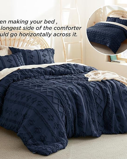 Bedsure Tufted Boho Comforter Set King - Navy Boho Bedding Comforter Set, 3 Pieces Farmhouse Shabby Chic Embroidery Bed Set, Soft Jacquard Comforter for All Seasons - LeafyLoom