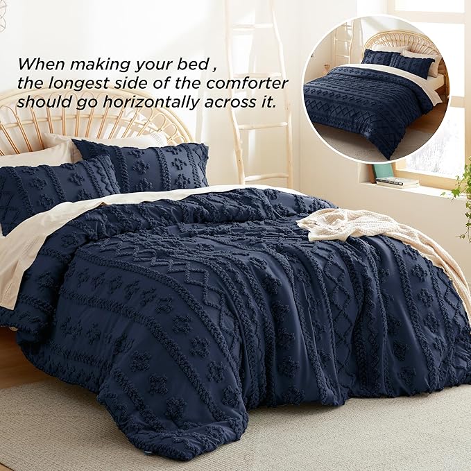 Bedsure Tufted Boho Comforter Set King - Navy Boho Bedding Comforter Set, 3 Pieces Farmhouse Shabby Chic Embroidery Bed Set, Soft Jacquard Comforter for All Seasons - LeafyLoom