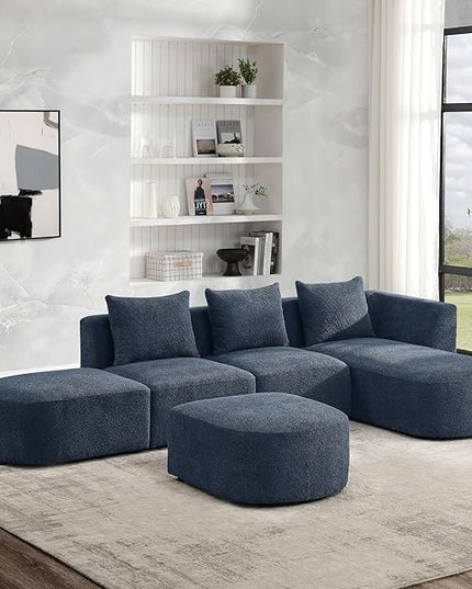 113" L-Shape Sectional Side Chaise and Ottoman, Modular Sofa, DIY Combination, Loop Yarn Fabric for Living Room, Apartment, 113inch, Blue Right - LeafyLoom