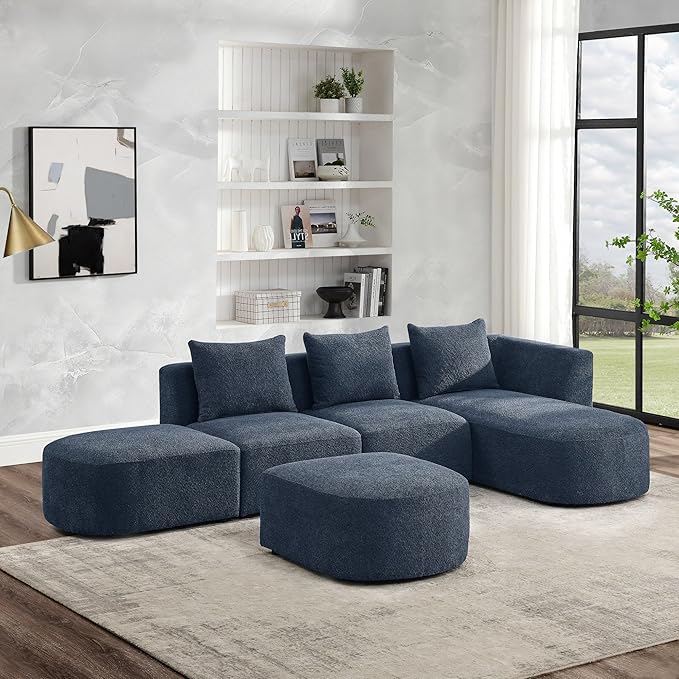 113" L-Shape Sectional Side Chaise and Ottoman, Modular Sofa, DIY Combination, Loop Yarn Fabric for Living Room, Apartment, 113inch, Blue Right - LeafyLoom
