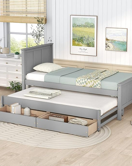 Merax Wood Bed with Trundle and 2 Drawers Twin Daybed Frame for kids Teens Adults/No Box Spring Needed Grey - LeafyLoom