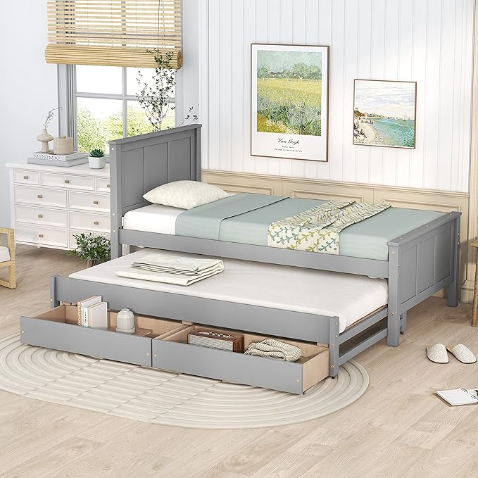 Merax Wood Bed with Trundle and 2 Drawers Twin Daybed Frame for kids Teens Adults/No Box Spring Needed Grey - LeafyLoom