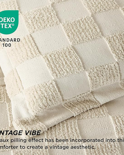 Bedsure Queen Size Comforter Set Beige, Boho Tufted Bedding Comforter Set, Checkered Farmhouse Shabby Chic Bed Set, 3 Pieces, 1 Plaid Geometric Comforter and 2 Pillow Shams - LeafyLoom