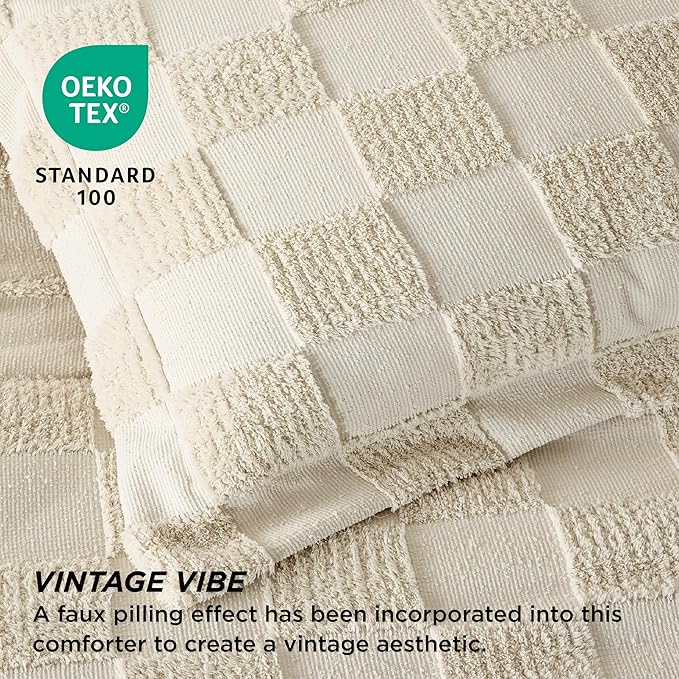 Bedsure Queen Size Comforter Set Beige, Boho Tufted Bedding Comforter Set, Checkered Farmhouse Shabby Chic Bed Set, 3 Pieces, 1 Plaid Geometric Comforter and 2 Pillow Shams - LeafyLoom