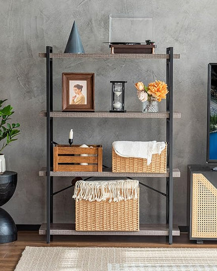 HCHQHS Bookshelf, 4-Tier Industrial Bookcase, Rustic Open Book Shelf, Freestanding Tall Bookshelves with Metal Frame - LeafyLoom