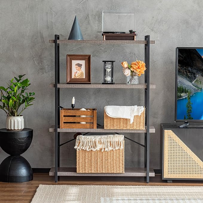 HCHQHS Bookshelf, 4-Tier Industrial Bookcase, Rustic Open Book Shelf, Freestanding Tall Bookshelves with Metal Frame - LeafyLoom