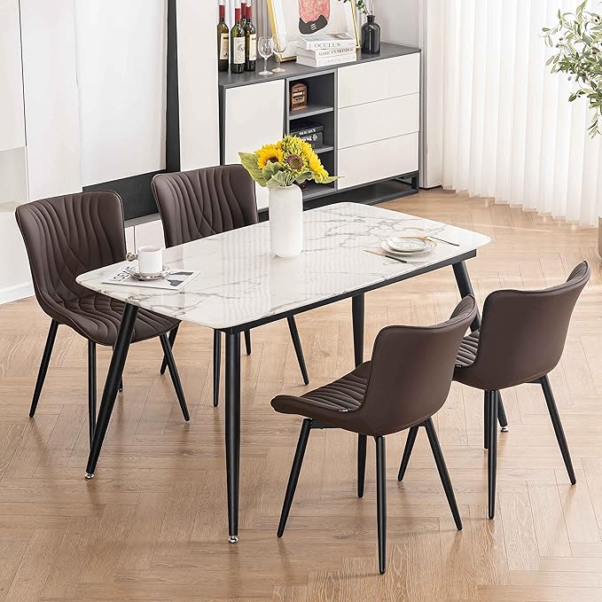YOUTASTE Brown Dining Chairs Set of 2 Upholstered Mid Century Modern Kitchen&Dining Room Chairs Armless Faux Leather Accent Chairs Vanity Lounge Side Chair with Back for Waiting Room Bedrooms - LeafyLoom