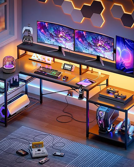 Bestier Gaming Desk with Power Outlets, 71.5 LED Computer Desk with Long Monitor Stand, Large L Shaped Corner Desk with Storage Shelf, Cup Holder Headset Hooks, Cool Desk for Gaming Room, Black - LeafyLoom