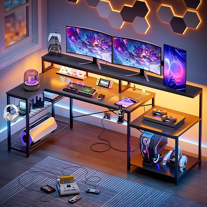 Bestier Gaming Desk with Power Outlets, 71.5 LED Computer Desk with Long Monitor Stand, Large L Shaped Corner Desk with Storage Shelf, Cup Holder Headset Hooks, Cool Desk for Gaming Room, Black - LeafyLoom