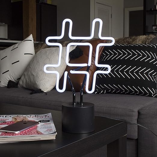 Amped & Co Neon Hashtag Symbol Desk Light, Real Neon, White, Large 8 x 13 inches, Home Decor Neon Signs led lights, neon lights for bedroom wall decors - LeafyLoom