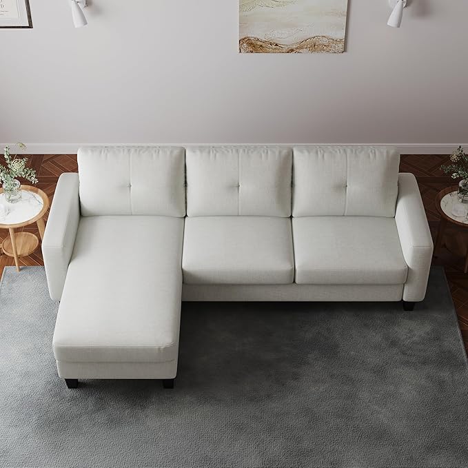 L Shaped Convertible Sectional Sofa, 3 Seater Linen Fabric Corner Couch with Reversible Chaise Movable Ottoman, Button Tufted Sofa&Couches for Small Apartments, Living Rooms and Offices - LeafyLoom