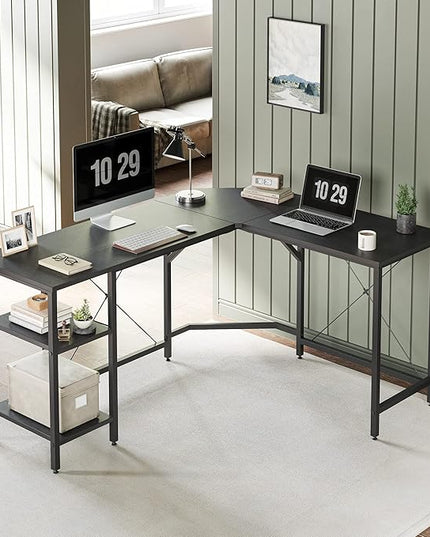 CubiCubi L Shaped Desk, 59.1 Inch Reversible Corner Desk with Storage Shelves, Home Office Desk for Writing Gaming Study, Black - LeafyLoom