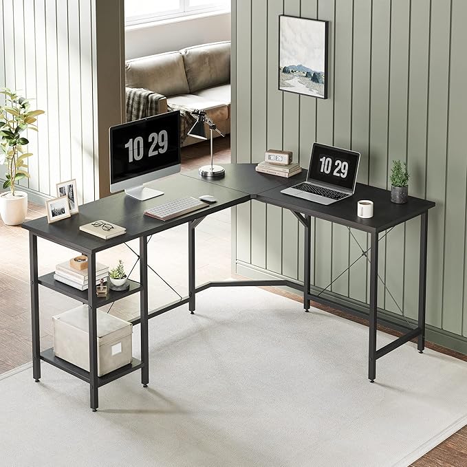 CubiCubi L Shaped Desk, 59.1 Inch Reversible Corner Desk with Storage Shelves, Home Office Desk for Writing Gaming Study, Black - LeafyLoom