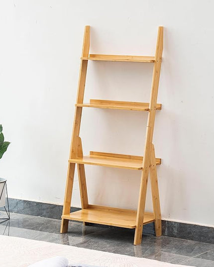 DOUSY- 4-Tier Bamboo Ladder Shelf Ladder Bookshelf Plant & Flower Stand Bookcase, Freestanding Storage Rack Organizer Display Shelf for Living Room, Home Office, Bedroom, Balcony, Natural Wood - LeafyLoom