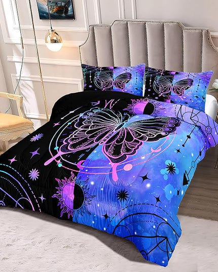 Butterfly Comforter - Butterfly Bed Set - Boho Butterfly Sun and Moon Printed Bedding Sets, Queen Size Comforter Set for Girls, Black Blue Butterfly Comforter Set Queen with 2 Pillowcases - LeafyLoom