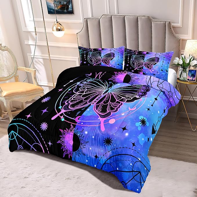 Butterfly Comforter - Butterfly Bed Set - Boho Butterfly Sun and Moon Printed Bedding Sets, Queen Size Comforter Set for Girls, Black Blue Butterfly Comforter Set Queen with 2 Pillowcases - LeafyLoom